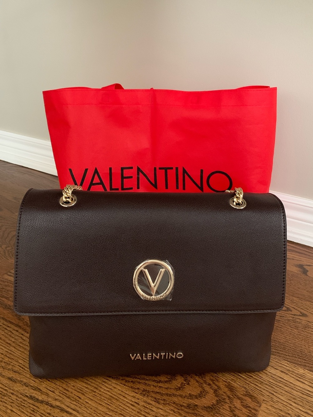 Valentino Caffe Leather V-Logo Chain Shoulder Bag
